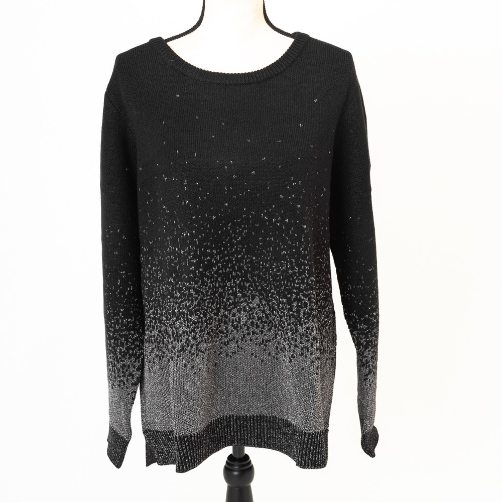 Metallic silver & sparkle crew neck winter sweater 2X black